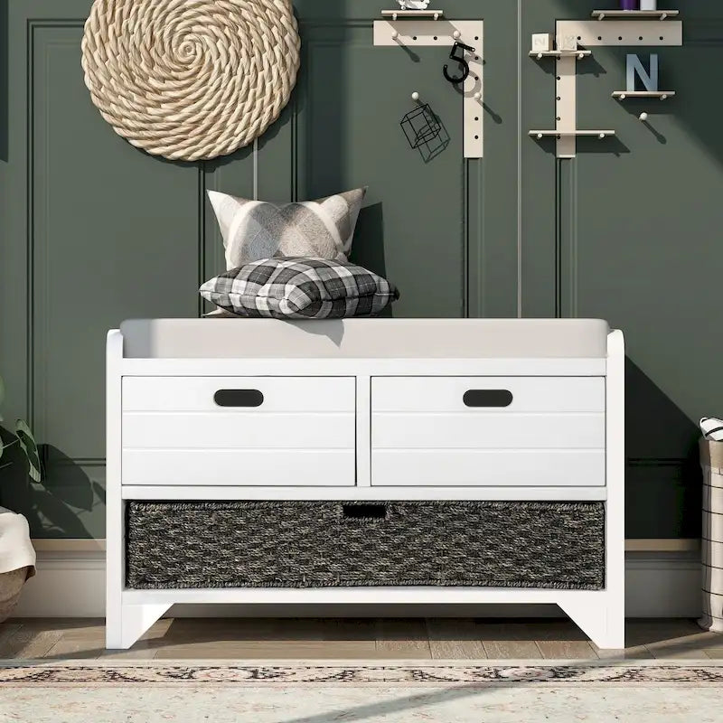 Banc de rangement avec panier amovible et 2 tiroirs, banc à chaussures entièrement assemblé avec coussin amovible - 81,3 L x 30 l x 50,8 H cm