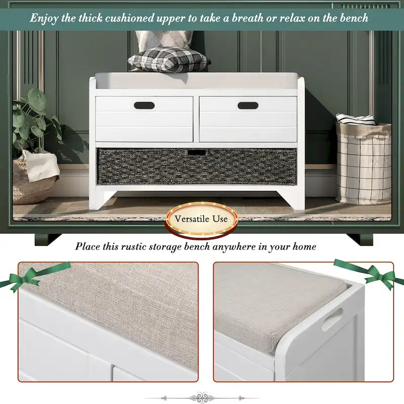 Banc de rangement avec panier amovible et 2 tiroirs, banc à chaussures entièrement assemblé avec coussin amovible - 81,3 L x 30 l x 50,8 H cm