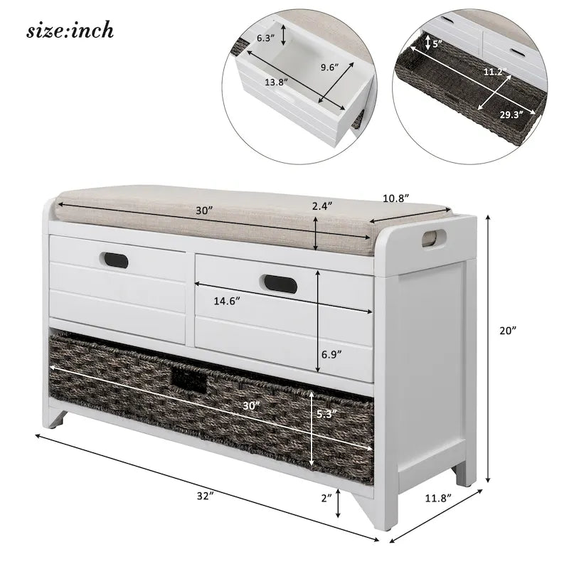 Banc de rangement avec panier amovible et 2 tiroirs, banc à chaussures entièrement assemblé avec coussin amovible - 81,3 L x 30 l x 50,8 H cm