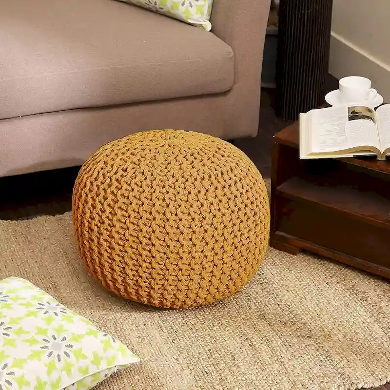 Pouf Tricoté à la Main Coton Corde Tressée Tressage Câble Ottomane - Repose-Pieds - Siège d'Appoint Meuble Pouf - Salon Enfants - 18x18x14