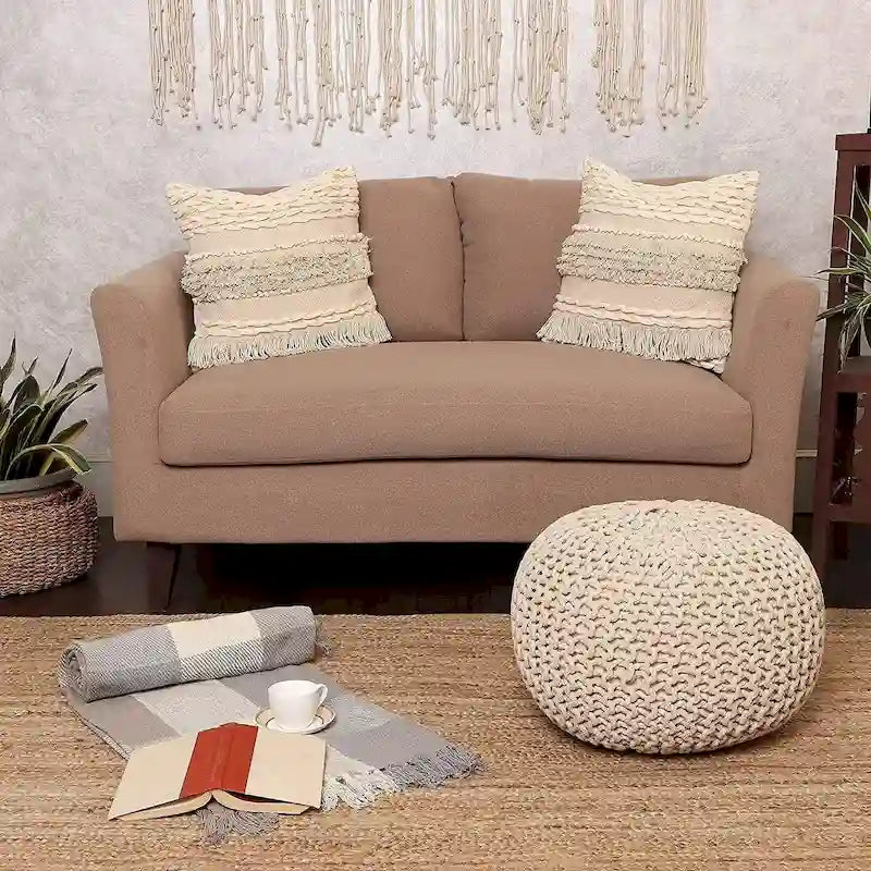 Pouf Tricoté à la Main Coton Corde Tressée Tressage Câble Ottomane - Repose-Pieds - Siège d'Appoint Meuble Pouf - Salon Enfants - 18x18x14