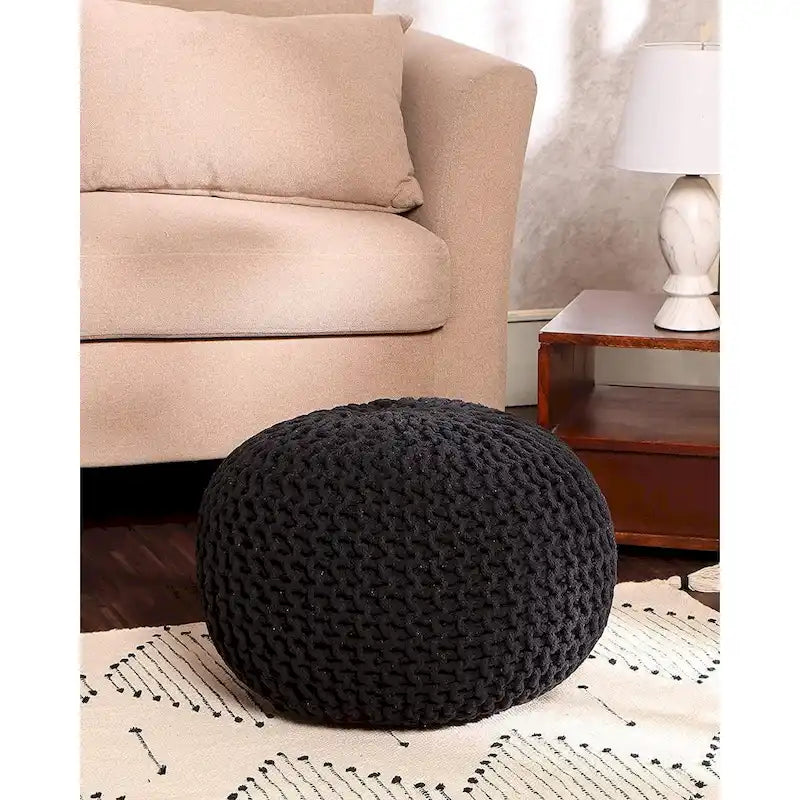Pouf Tricoté à la Main Coton Corde Tressée Tressage Câble Ottomane - Repose-Pieds - Siège d'Appoint Meuble Pouf - Salon Enfants - 18x18x14