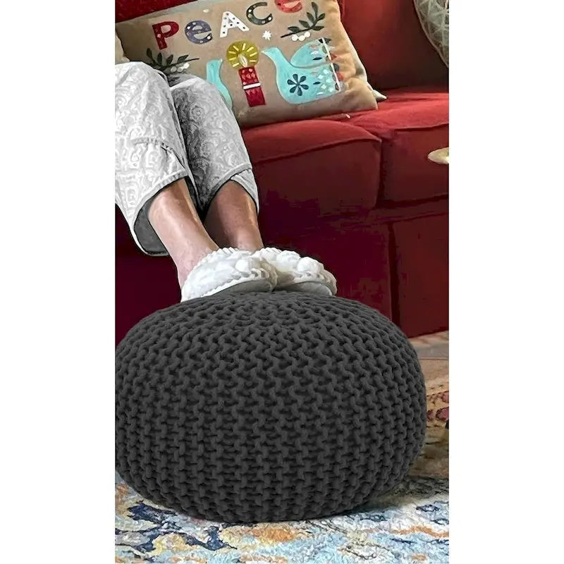 Pouf Tricoté à la Main Coton Corde Tressée Tressage Câble Ottomane - Repose-Pieds - Siège d'Appoint Meuble Pouf - Salon Enfants - 18x18x14