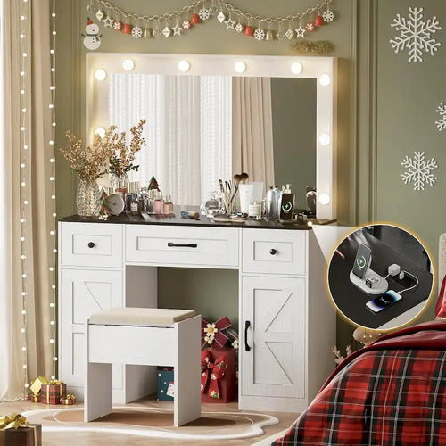43.3 Grande coiffeuse de maquillage avec miroir éclairé réglable et tabouret, prise de courant