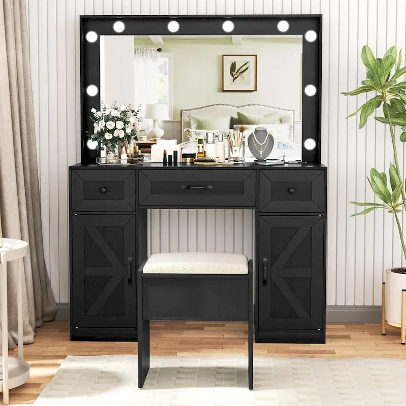 43.3 Grande coiffeuse de maquillage avec miroir éclairé réglable et tabouret, prise de courant