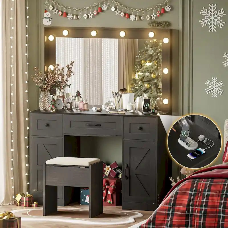 43.3 Grande coiffeuse de maquillage avec miroir éclairé réglable et tabouret, prise de courant