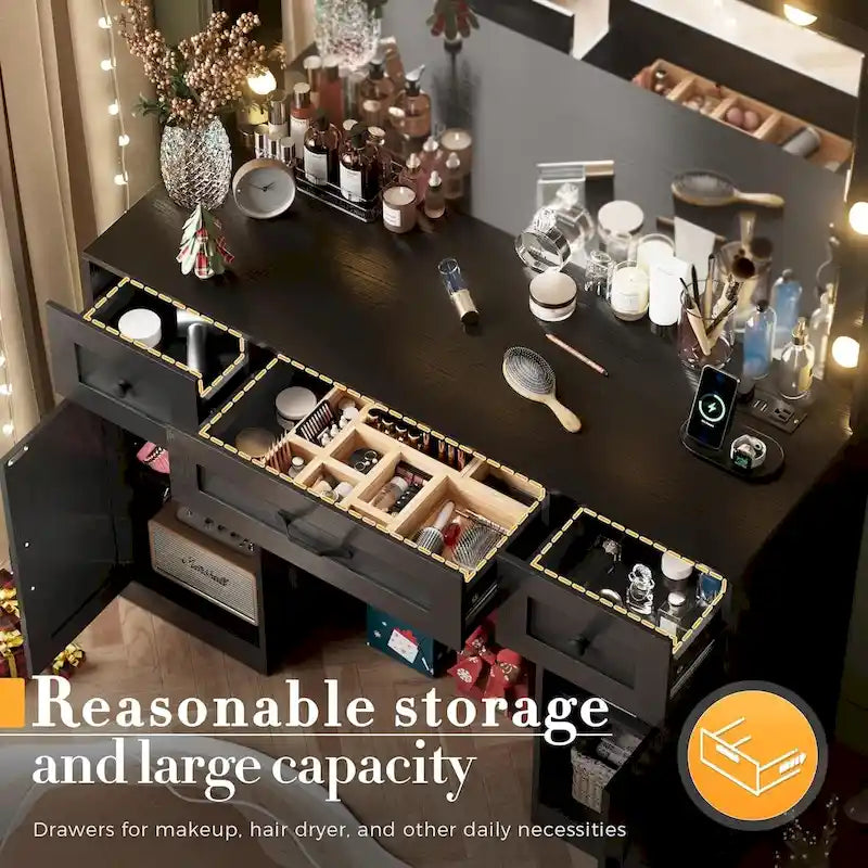 43.3 Grande coiffeuse de maquillage avec miroir éclairé réglable et tabouret, prise de courant