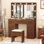 43.3 Grande coiffeuse de maquillage avec miroir éclairé réglable et tabouret, prise de courant