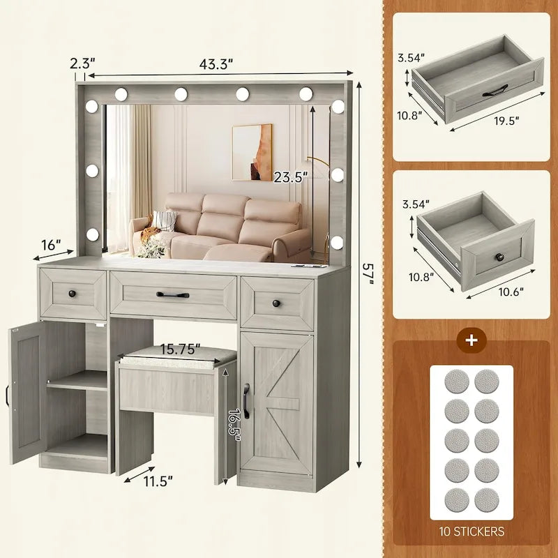 43.3 Grande coiffeuse de maquillage avec miroir éclairé réglable et tabouret, prise de courant