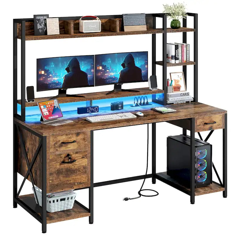 Bureau informatique de jeu de 59" avec huche et étagère, bureaux de télétravail avec 3 tiroirs