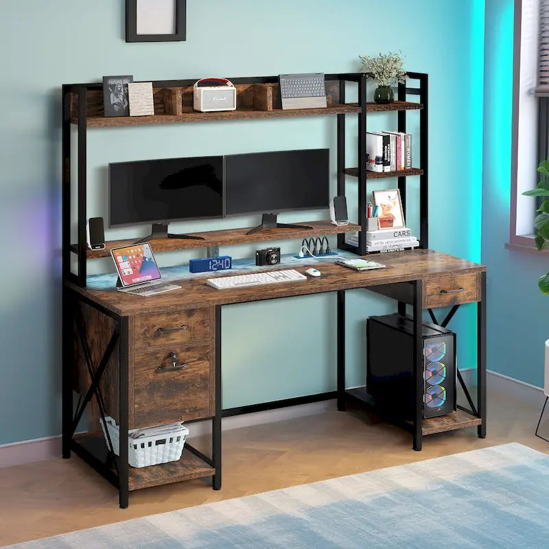 Bureau informatique de jeu de 59" avec huche et étagère, bureaux de télétravail avec 3 tiroirs