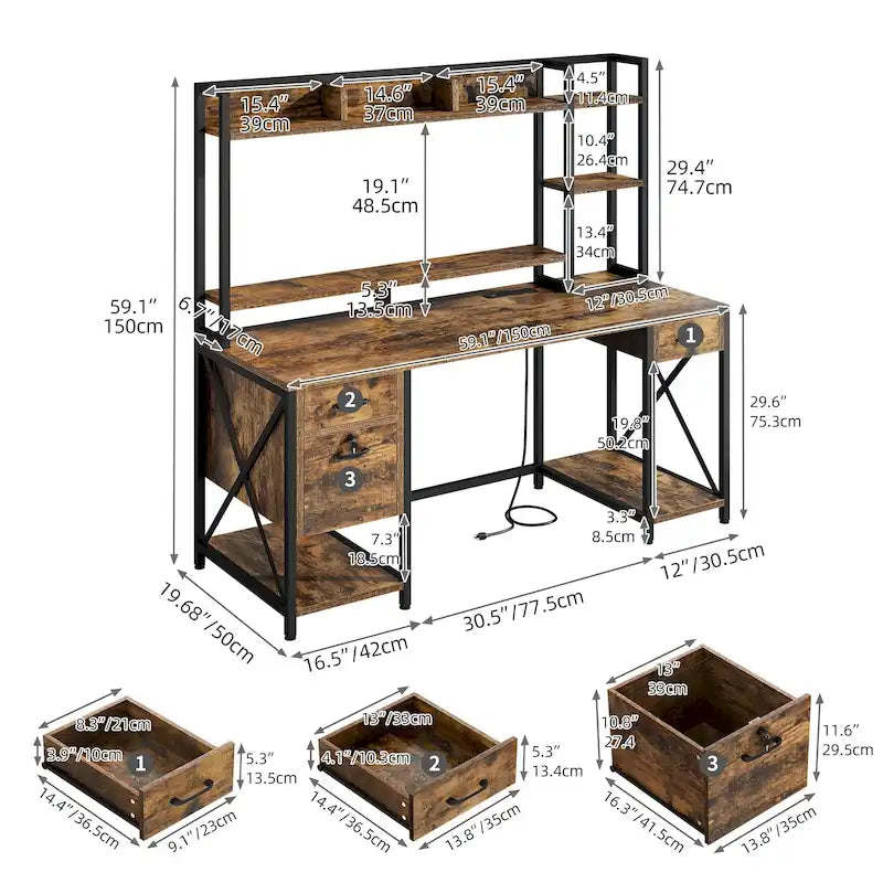 Bureau informatique de jeu de 59" avec huche et étagère, bureaux de télétravail avec 3 tiroirs