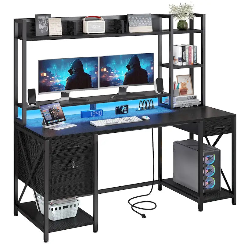 Bureau informatique de jeu de 59" avec huche et étagère, bureaux de télétravail avec 3 tiroirs