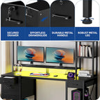 Bureau informatique de jeu de 59" avec huche et étagère, bureaux de télétravail avec 3 tiroirs