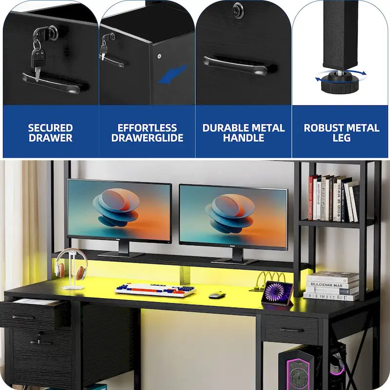 Bureau informatique de jeu de 59" avec huche et étagère, bureaux de télétravail avec 3 tiroirs