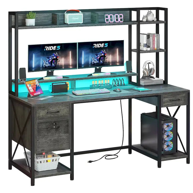 Bureau informatique de jeu de 59" avec huche et étagère, bureaux de télétravail avec 3 tiroirs