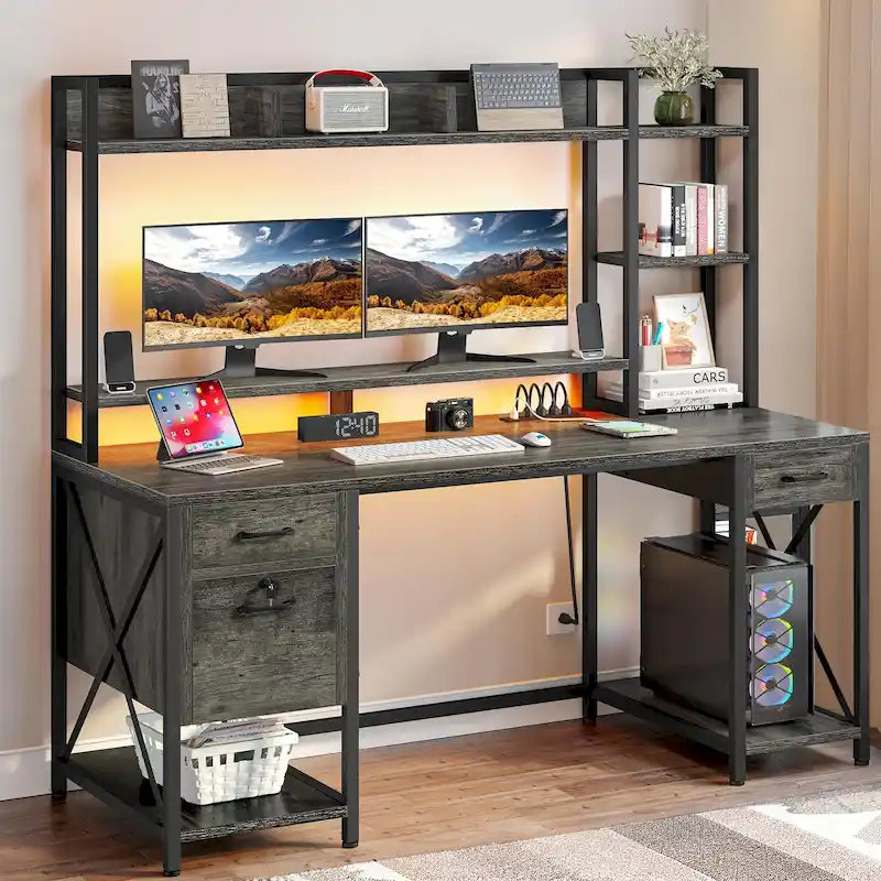 Bureau informatique de jeu de 59" avec huche et étagère, bureaux de télétravail avec 3 tiroirs