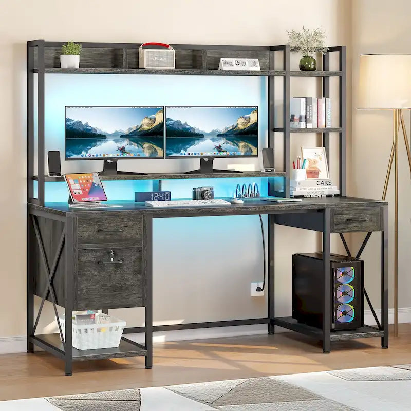 Bureau informatique de jeu de 59" avec huche et étagère, bureaux de télétravail avec 3 tiroirs