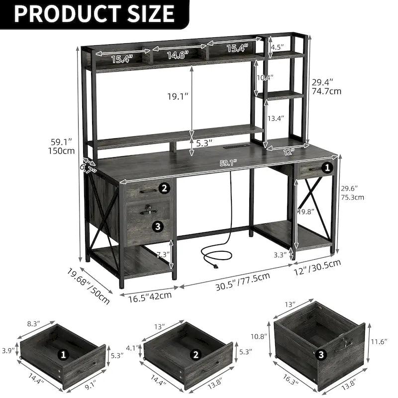 Bureau informatique de jeu de 59" avec huche et étagère, bureaux de télétravail avec 3 tiroirs