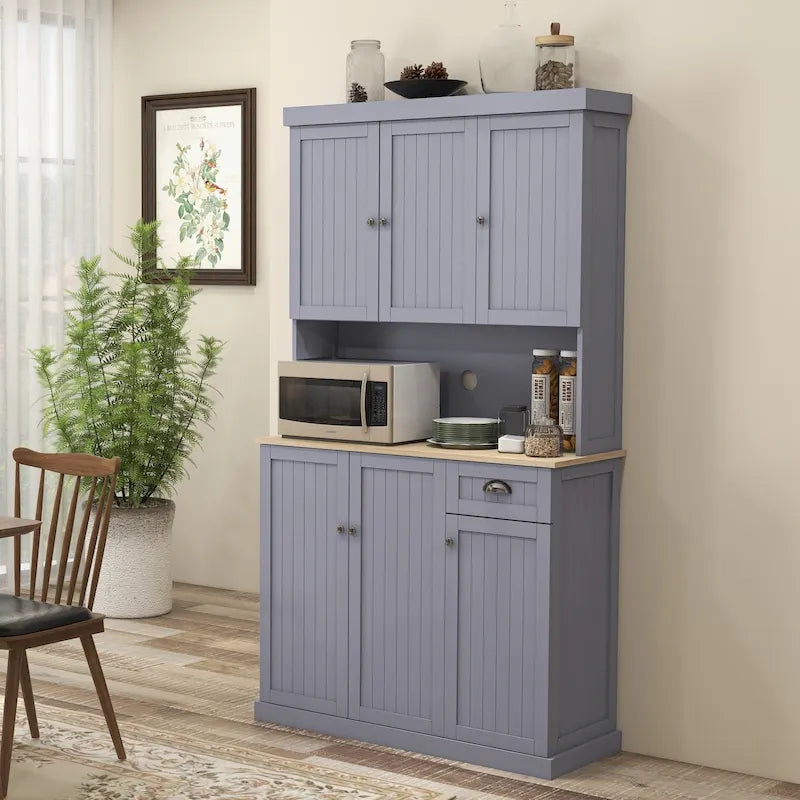 Buffet 71" avec vaisselier, armoire de rangement de cuisine de style campagnard avec plan de travail pour micro-ondes, tiroir