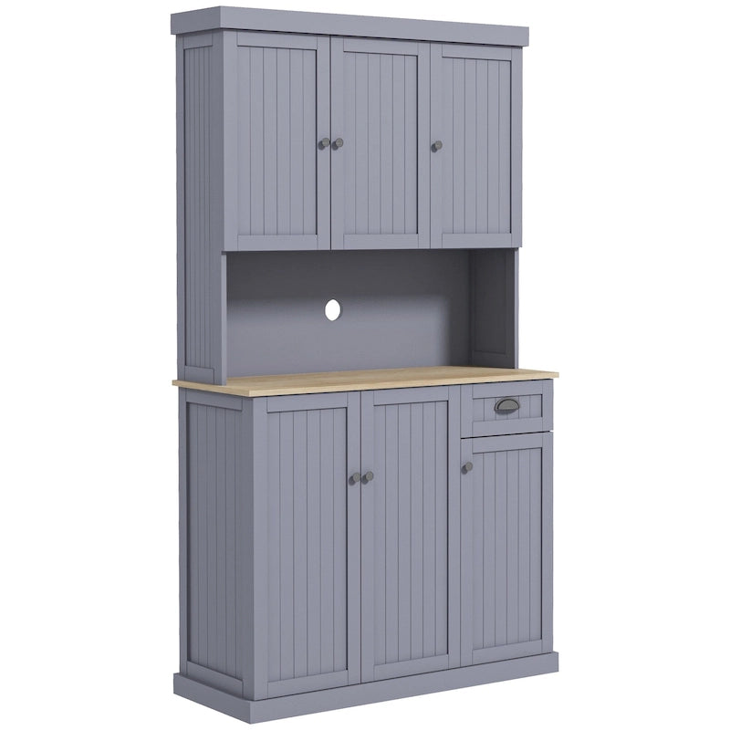 Buffet 71" avec vaisselier, armoire de rangement de cuisine de style campagnard avec plan de travail pour micro-ondes, tiroir
