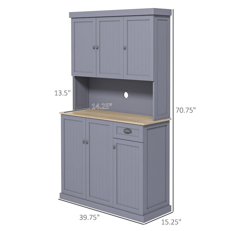 Buffet 71" avec vaisselier, armoire de rangement de cuisine de style campagnard avec plan de travail pour micro-ondes, tiroir