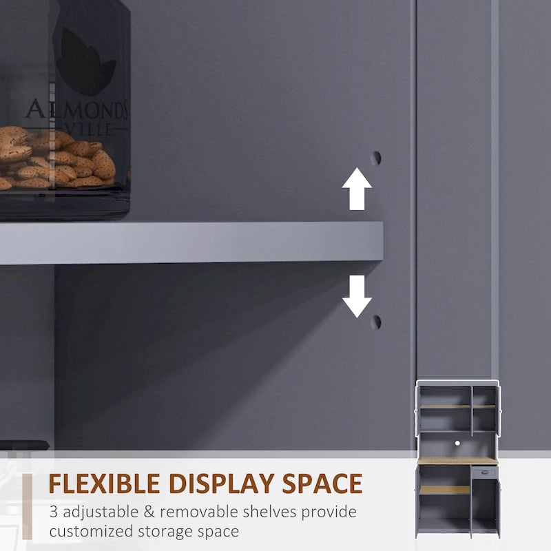 Buffet 71" avec vaisselier, armoire de rangement de cuisine de style campagnard avec plan de travail pour micro-ondes, tiroir