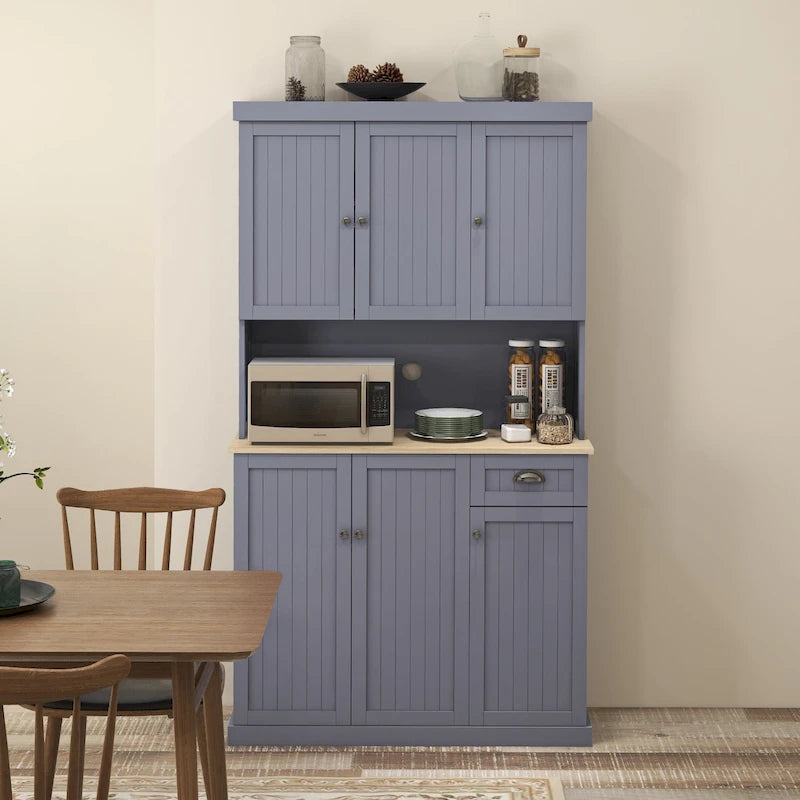 Buffet 71" avec vaisselier, armoire de rangement de cuisine de style campagnard avec plan de travail pour micro-ondes, tiroir