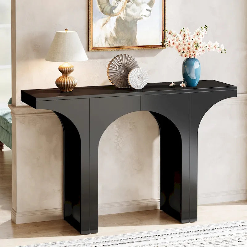 Table Console de 47 Pouces, Table Basse Noire Derrière un Canapé, Table d'Entrée Vintage Moderne