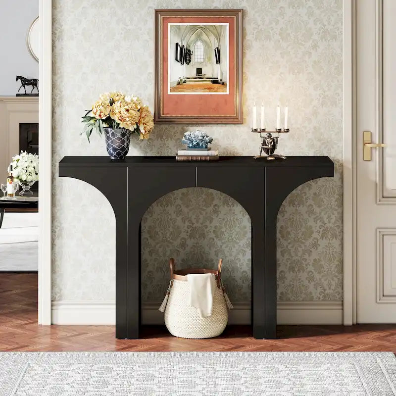 Table Console de 47 Pouces, Table Basse Noire Derrière un Canapé, Table d'Entrée Vintage Moderne