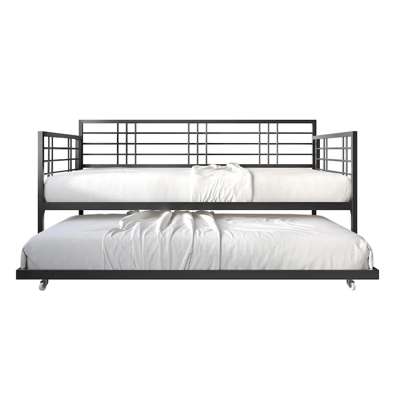 Lit de repos métallique contemporain de taille double avec lit gigogne
