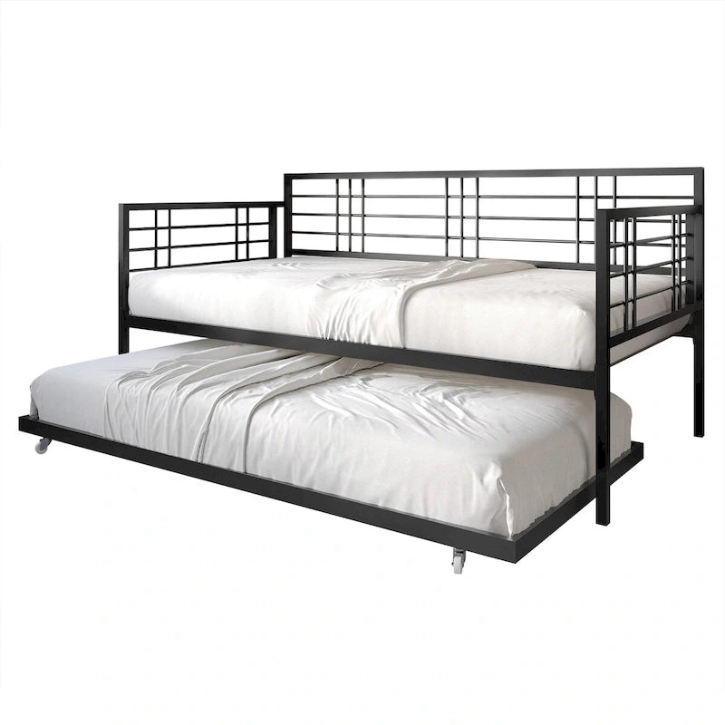 Lit de repos métallique contemporain de taille double avec lit gigogne