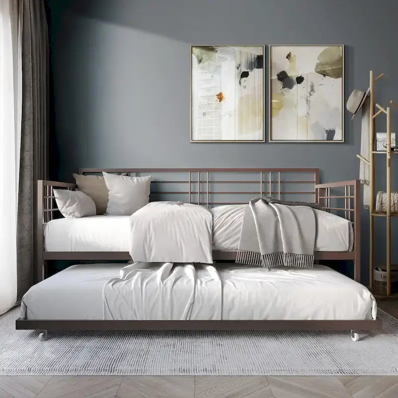 Lit de repos métallique contemporain de taille double avec lit gigogne