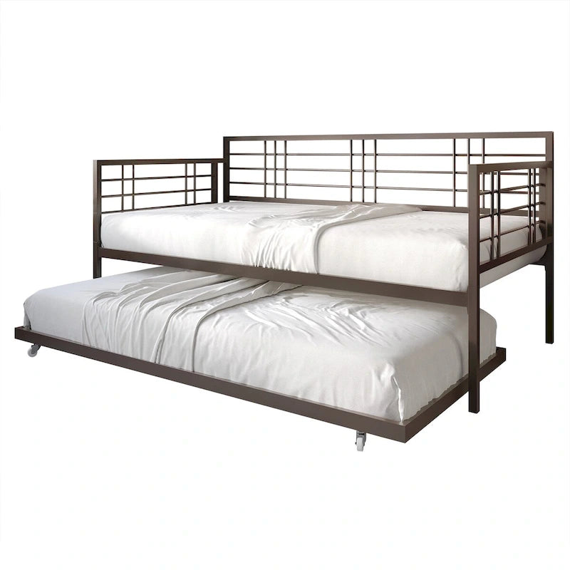 Lit de repos métallique contemporain de taille double avec lit gigogne