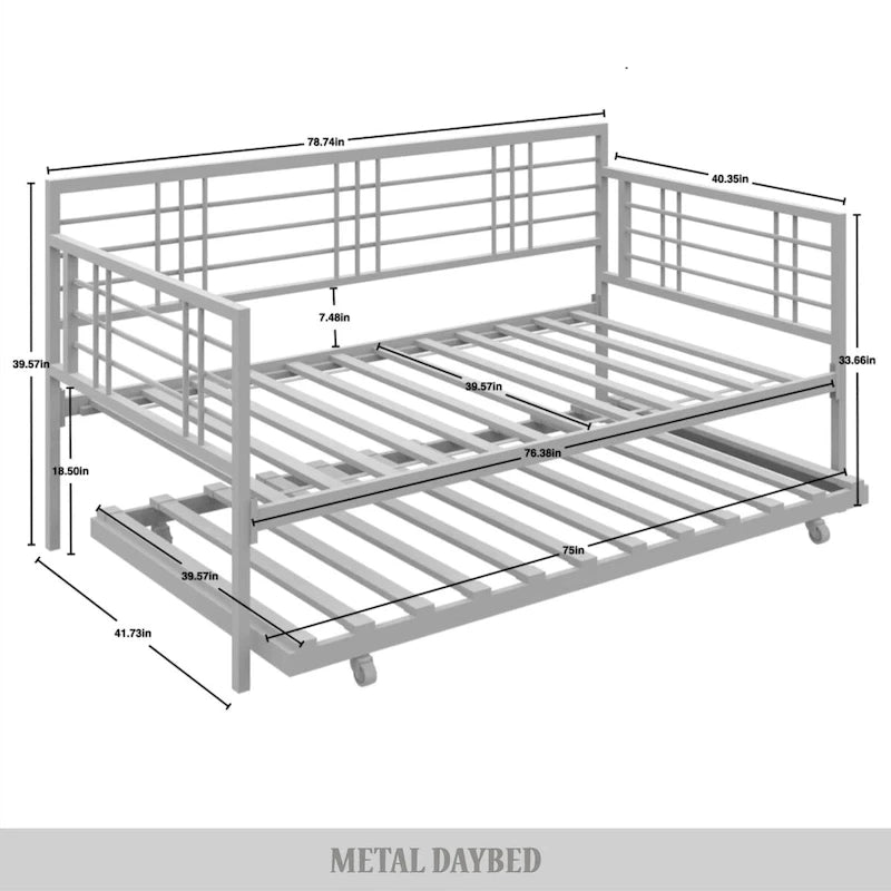 Lit de repos métallique contemporain de taille double avec lit gigogne