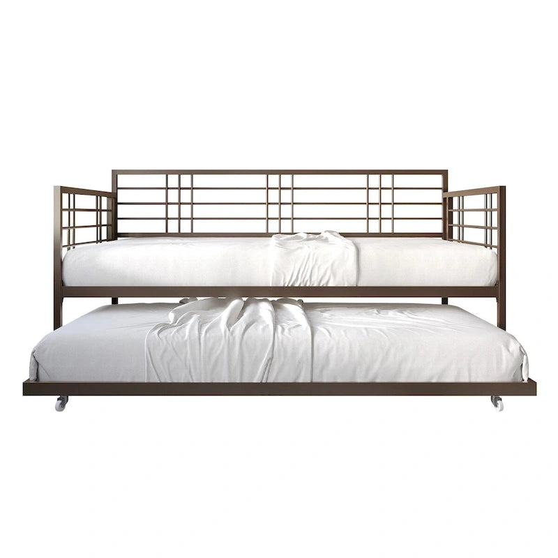 Lit de repos métallique contemporain de taille double avec lit gigogne