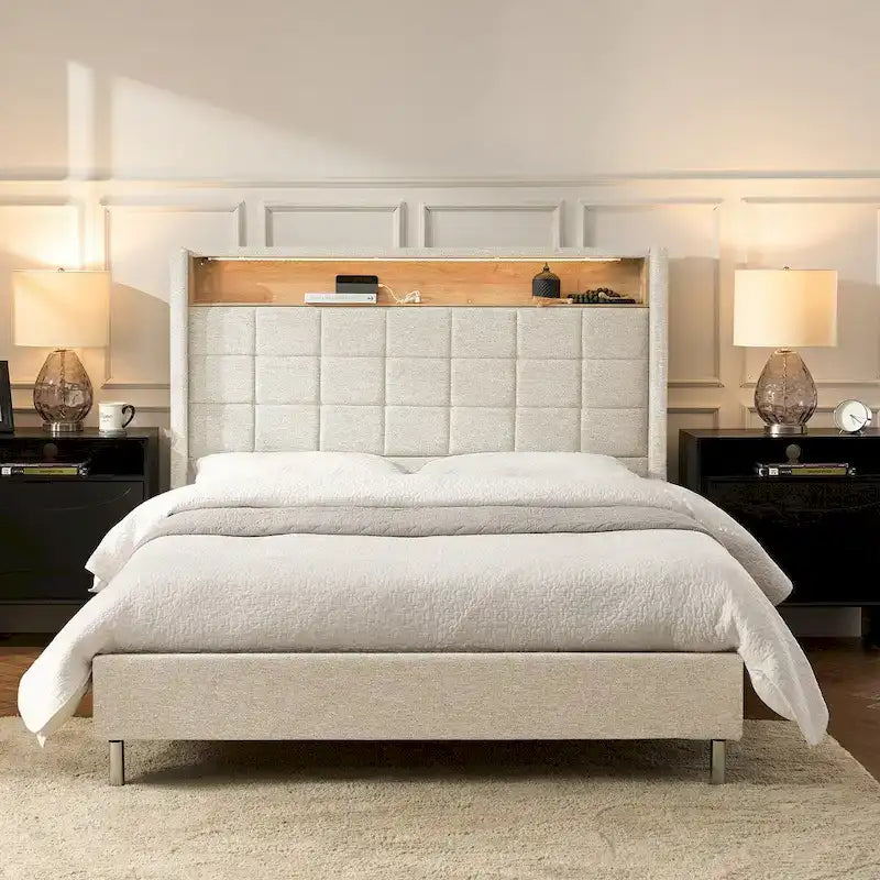 Lit moderne de 156 cm à motif géométrique avec tête de lit de rangement et veilleuse chaleureuse