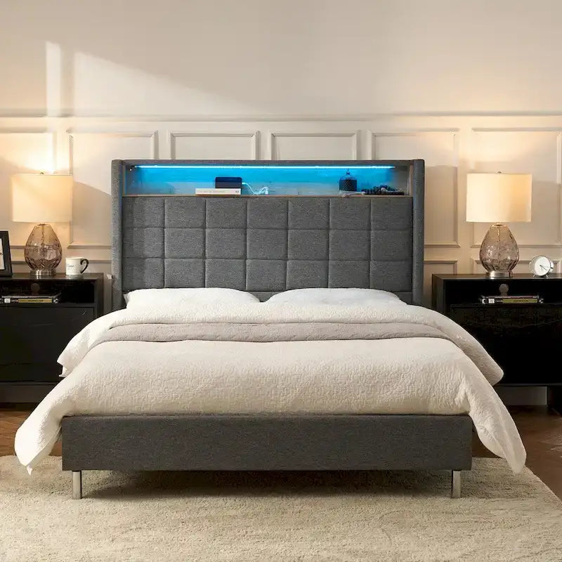 Lit moderne de 156 cm à motif géométrique avec tête de lit de rangement et veilleuse chaleureuse