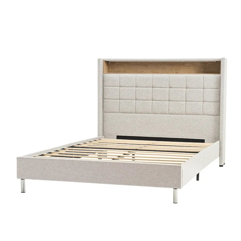 Lit moderne de 156 cm à motif géométrique avec tête de lit de rangement et veilleuse chaleureuse