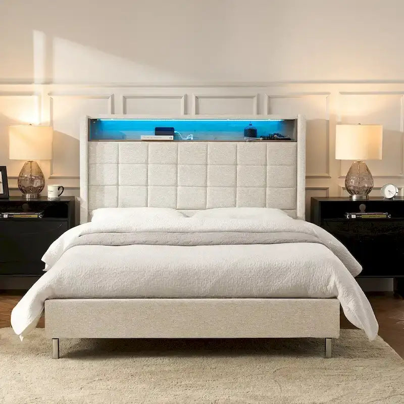 Lit moderne de 156 cm à motif géométrique avec tête de lit de rangement et veilleuse chaleureuse