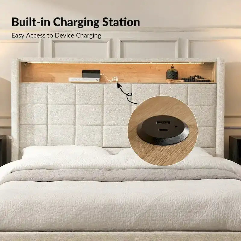 Lit moderne de 156 cm à motif géométrique avec tête de lit de rangement et veilleuse chaleureuse
