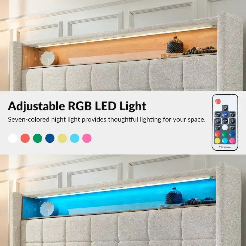 Lit moderne de 156 cm à motif géométrique avec tête de lit de rangement et veilleuse chaleureuse