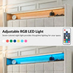 Lit moderne de 156 cm à motif géométrique avec tête de lit de rangement et veilleuse chaleureuse