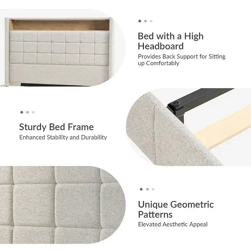 Lit moderne de 156 cm à motif géométrique avec tête de lit de rangement et veilleuse chaleureuse