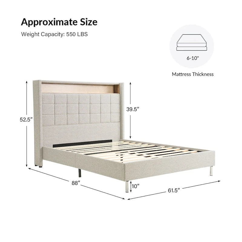 Lit moderne de 156 cm à motif géométrique avec tête de lit de rangement et veilleuse chaleureuse