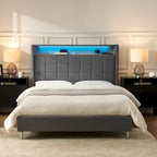 Lit moderne de 156 cm à motif géométrique avec tête de lit de rangement et veilleuse chaleureuse