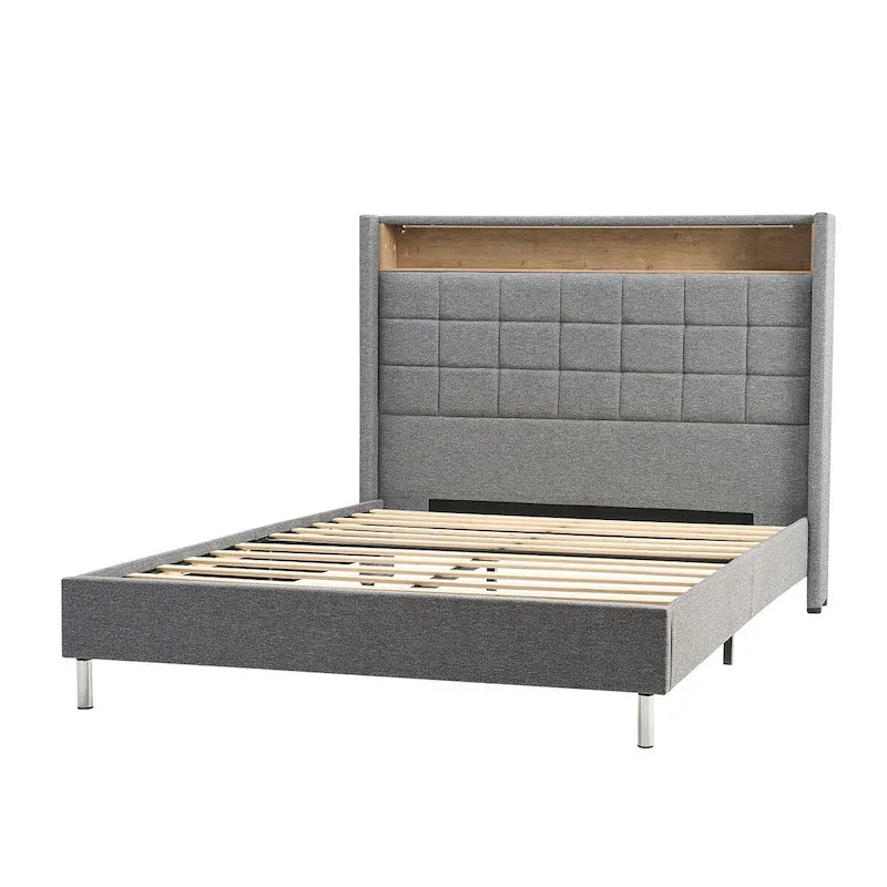 Lit moderne de 156 cm à motif géométrique avec tête de lit de rangement et veilleuse chaleureuse