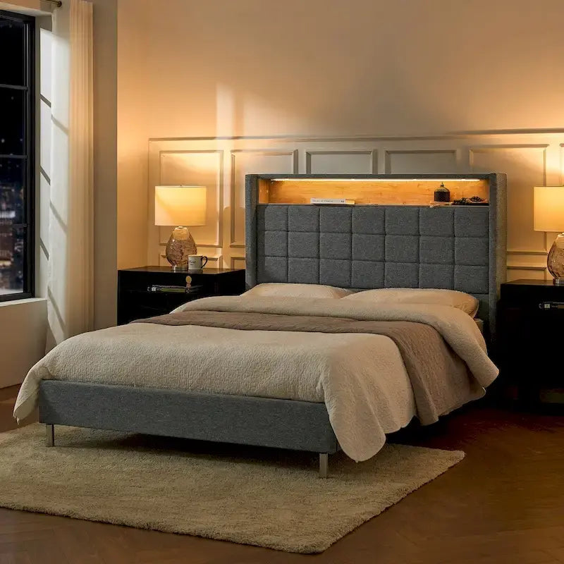 Lit moderne de 156 cm à motif géométrique avec tête de lit de rangement et veilleuse chaleureuse