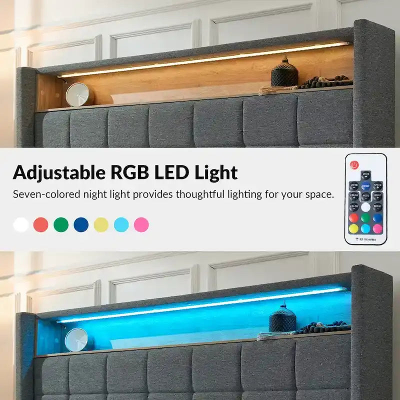 Lit moderne de 156 cm à motif géométrique avec tête de lit de rangement et veilleuse chaleureuse