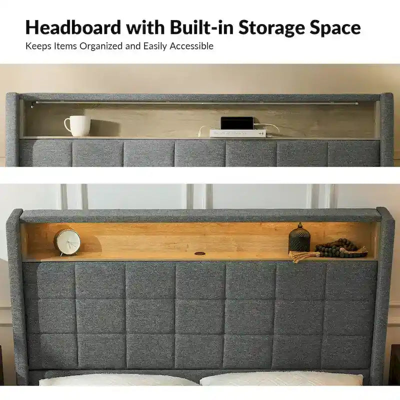 Lit moderne de 156 cm à motif géométrique avec tête de lit de rangement et veilleuse chaleureuse